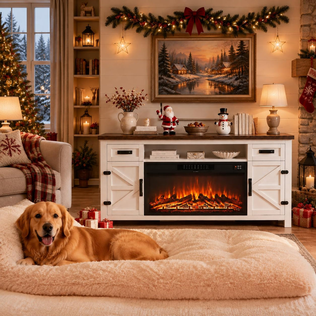 White 70 inch Fireplace TV Stand with Barn Door K868127