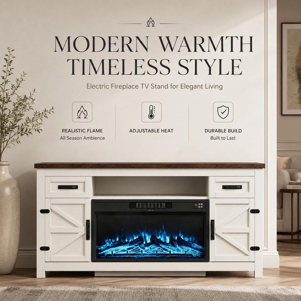 White 70 inch Fireplace TV Stand with Barn Door K868127