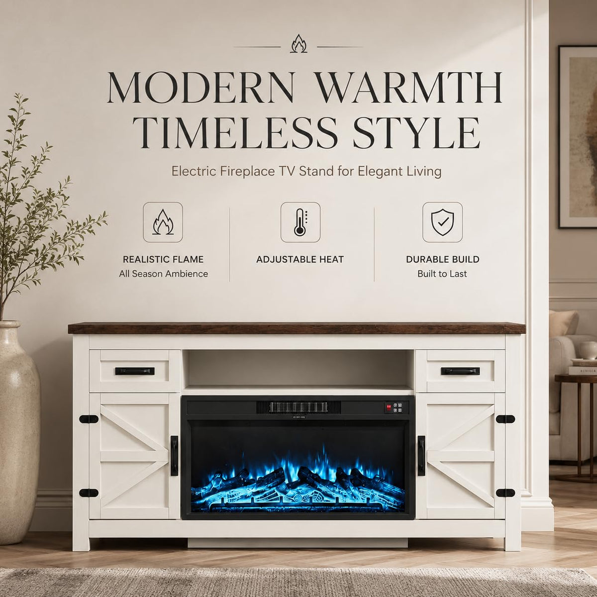 White 70 inch Fireplace TV Stand with Barn Door K868127
