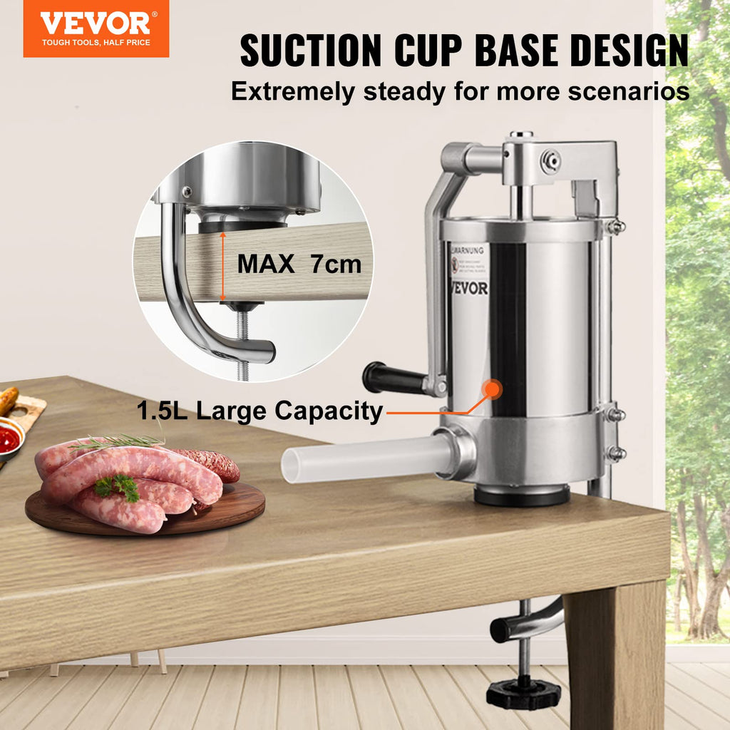 2.5LBS 304 Stainless Steel Vertical Sausage Stuffer with 3 Stuffing Tubes B831
