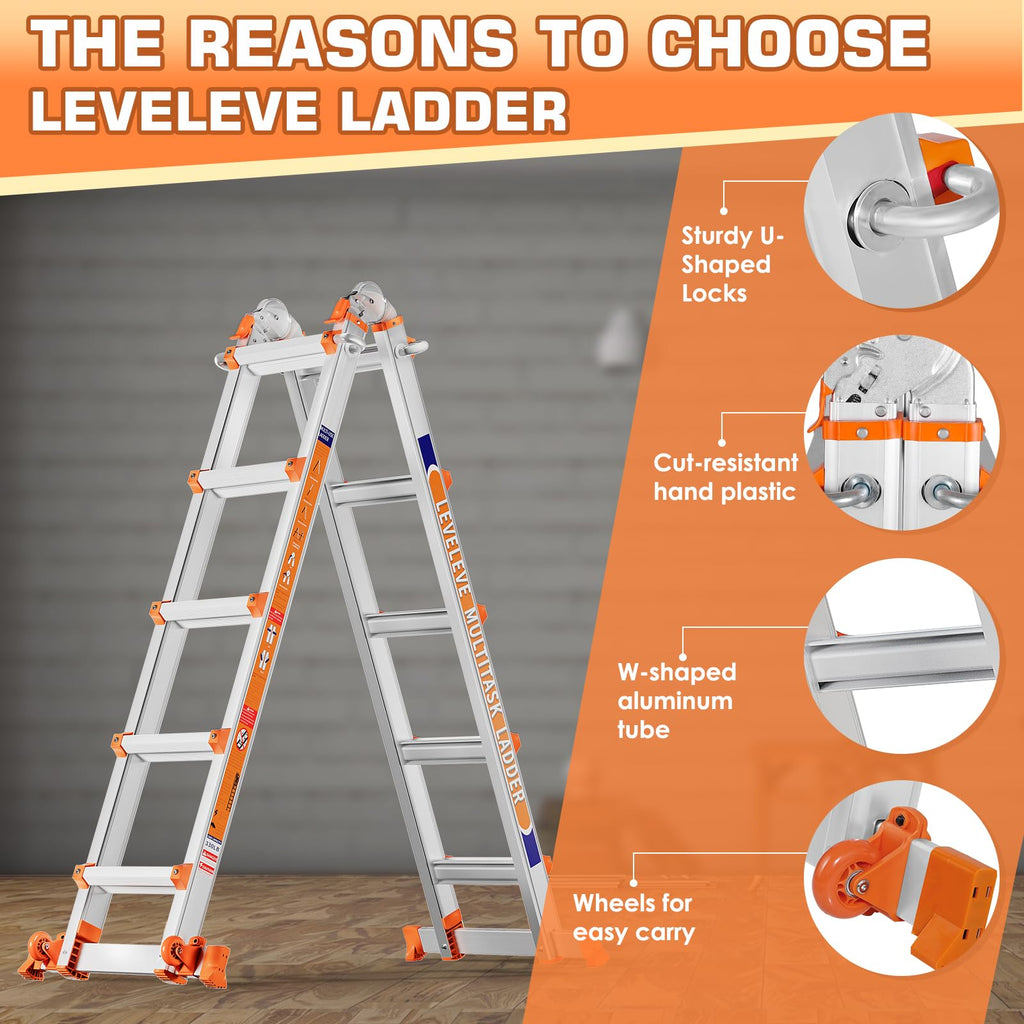 Telescoping A Frame Ladder, 17FT Multi Position Ladder with Stabilizer Bar & Wheels D28372