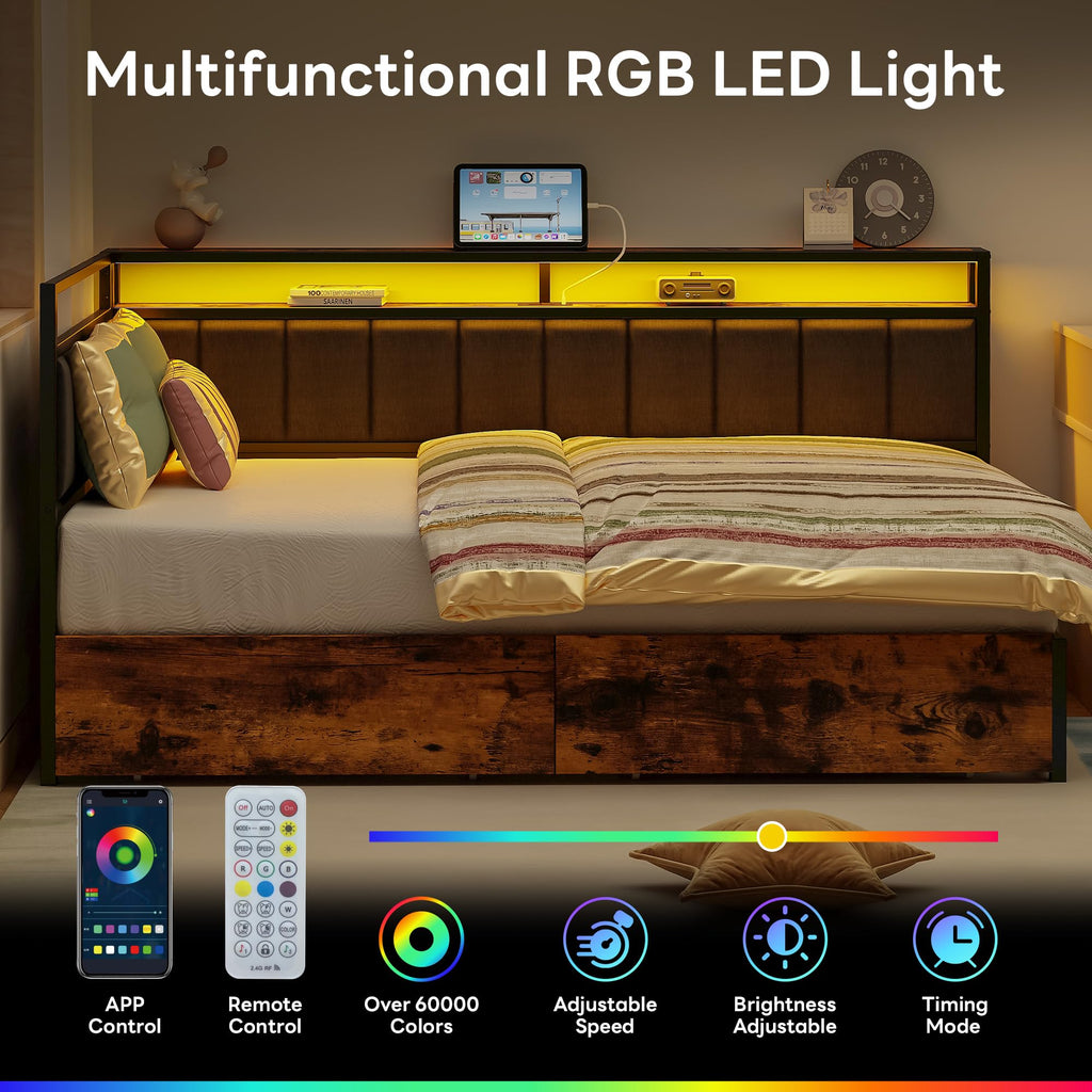 Full Corner Bed Frame with Storage Drawers, LED, Charging, Black B338757