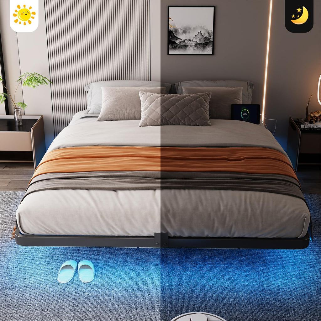 Full Size Floating Platform Bed Frame with LED Lights & Charging Station U3730