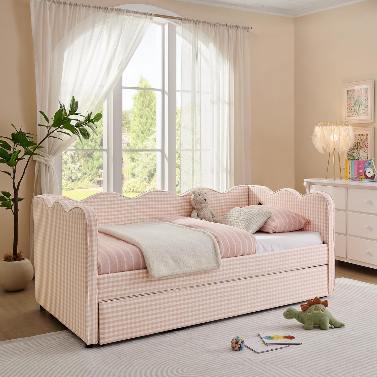 Pink Twin Size Gingham Daybed with Trundle Q715