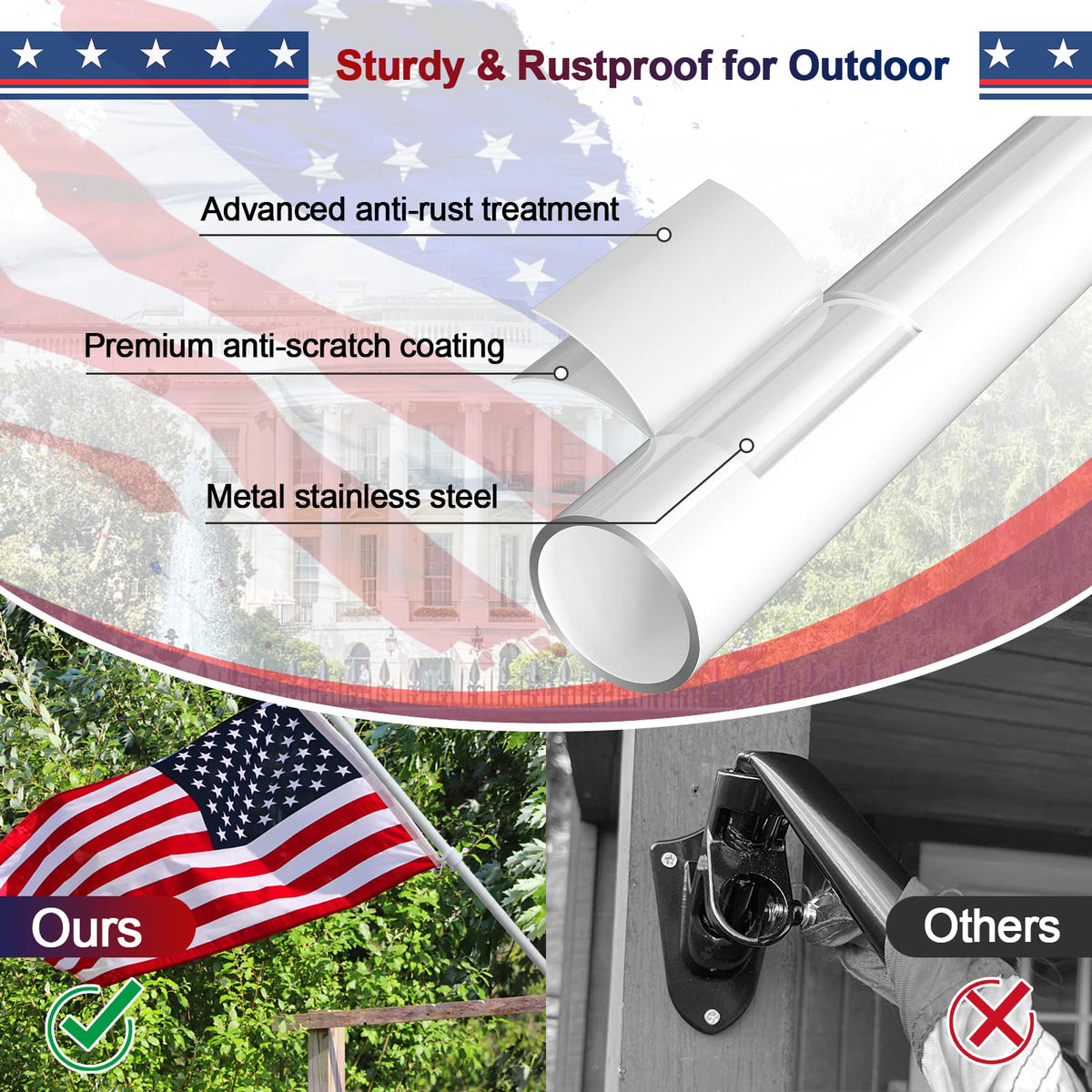5ft White Tangle Free Flag Pole with 3x5 Embroidered US Flag C590