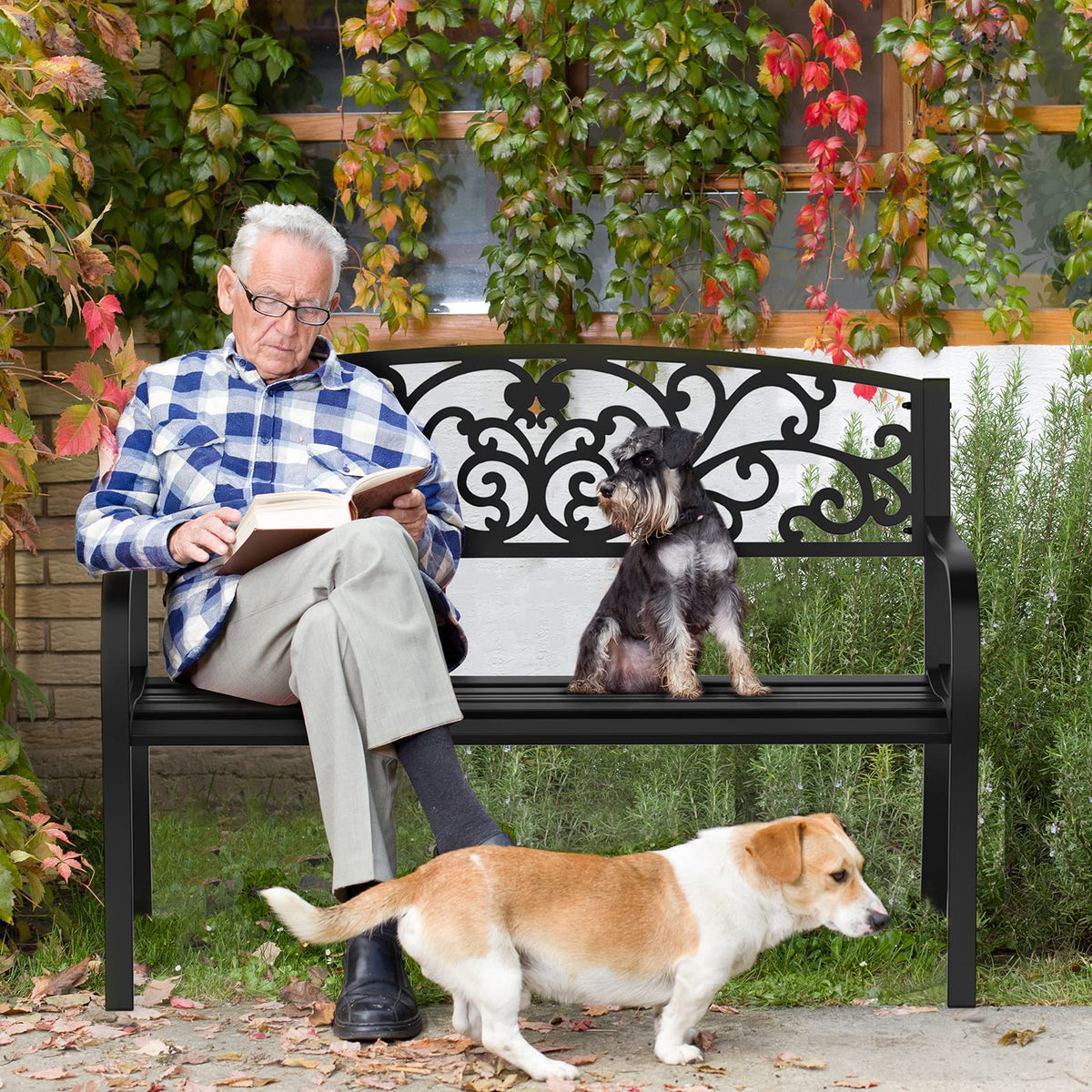 Black Metal Outdoor Bench with PVC Back Pattern N71869