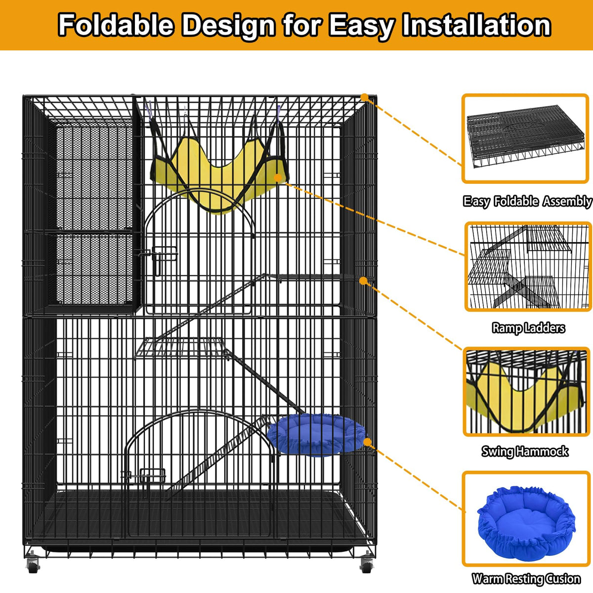 Extra Large 4-Tier Collapsible Cat Cage with Storage Cube X7673