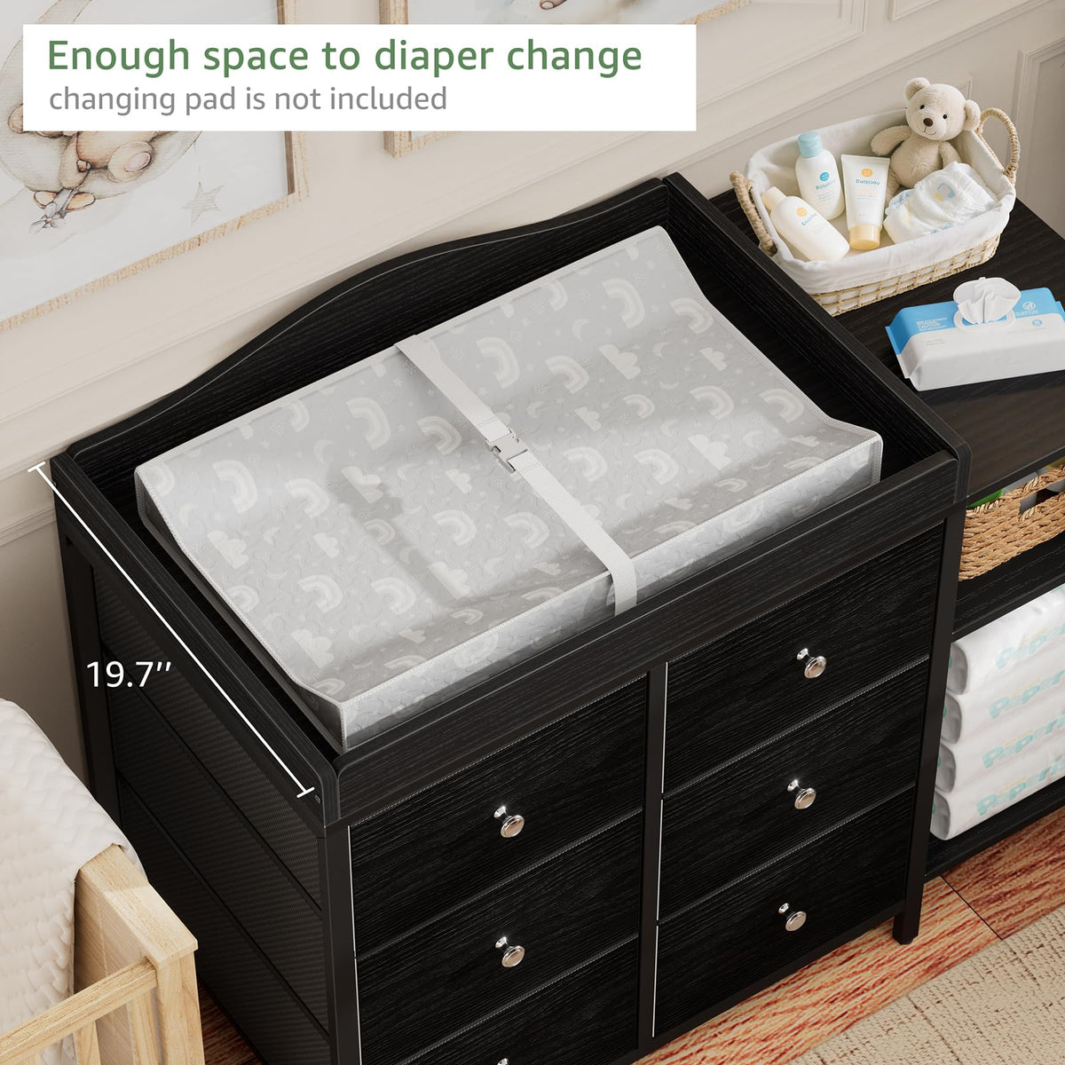 Black 6 Drawer Baby Dresser with Changing Table Top O9781
