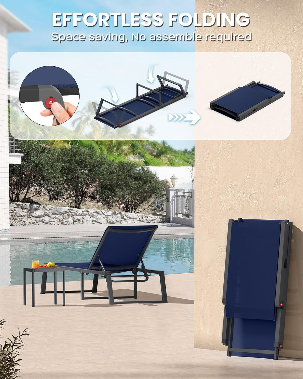 Aluminum Foldable 5-Position Chaise Lounge Chair, Navy Blue, 2 Pack C854604