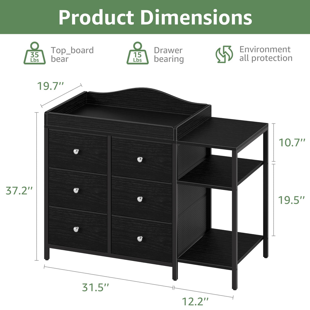 Black 6 Drawer Baby Dresser with Changing Table Top O9781