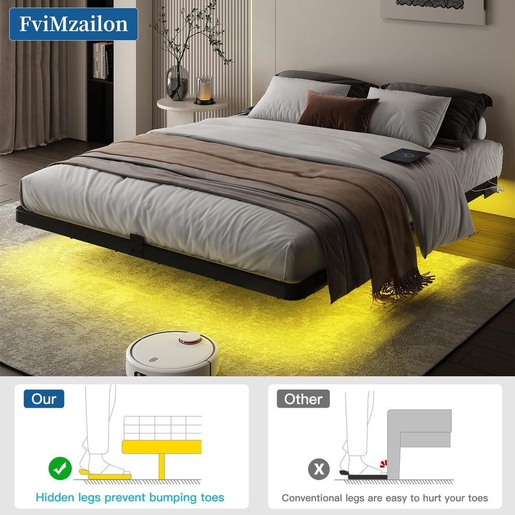 Full Size Floating Platform Bed Frame with LED Lights & Charging Station U3730