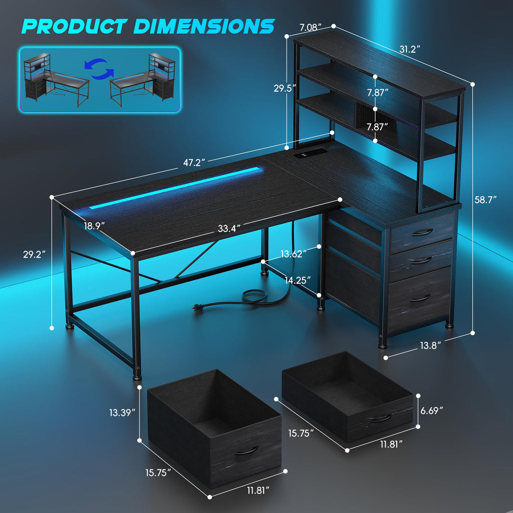 55" L Shaped Gaming Desk with 3 Fabric Drawers & Shelves J68569