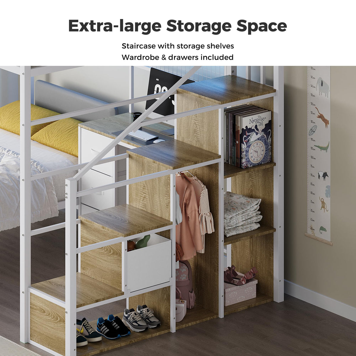 Full Over Twin L-Shaped Metal Loft Bunk Bed with Desk, Stairs, Drawers, Shelves, Charging Station and LED Light C8529