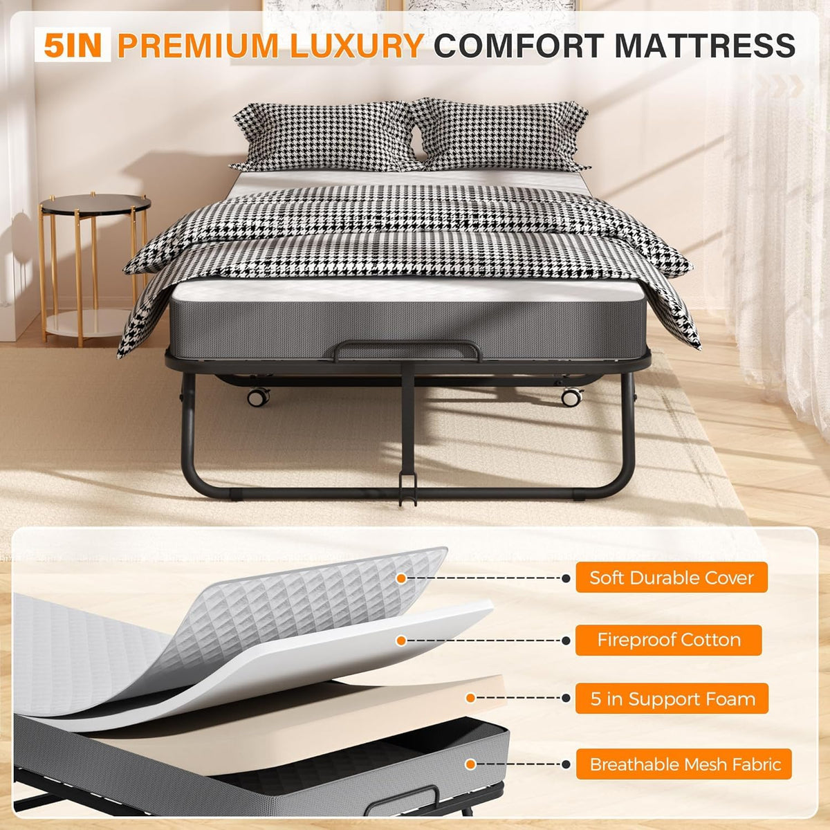 Foldable Single Bed with 5" Memory Foam Mattress and Wheels U284730
