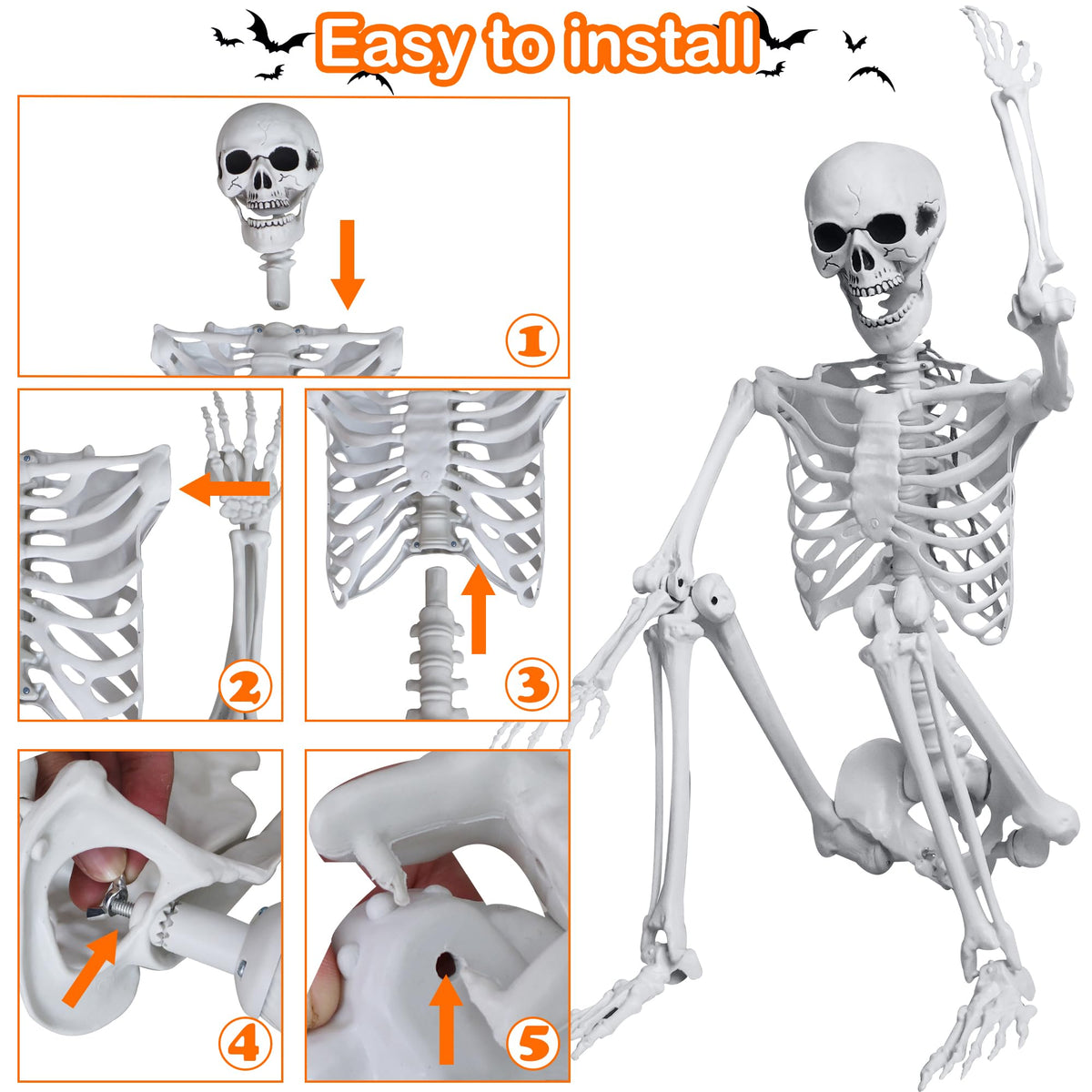 5.4ft/165cm Halloween Skeleton with Crows Movable Joints E872891