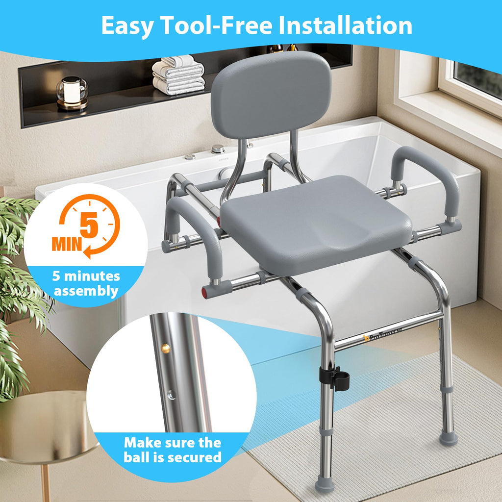Sliding Shower Chair Tub Transfer Bench with Swivel Seat, 450lbs, Adjustable Height, Gray B6175