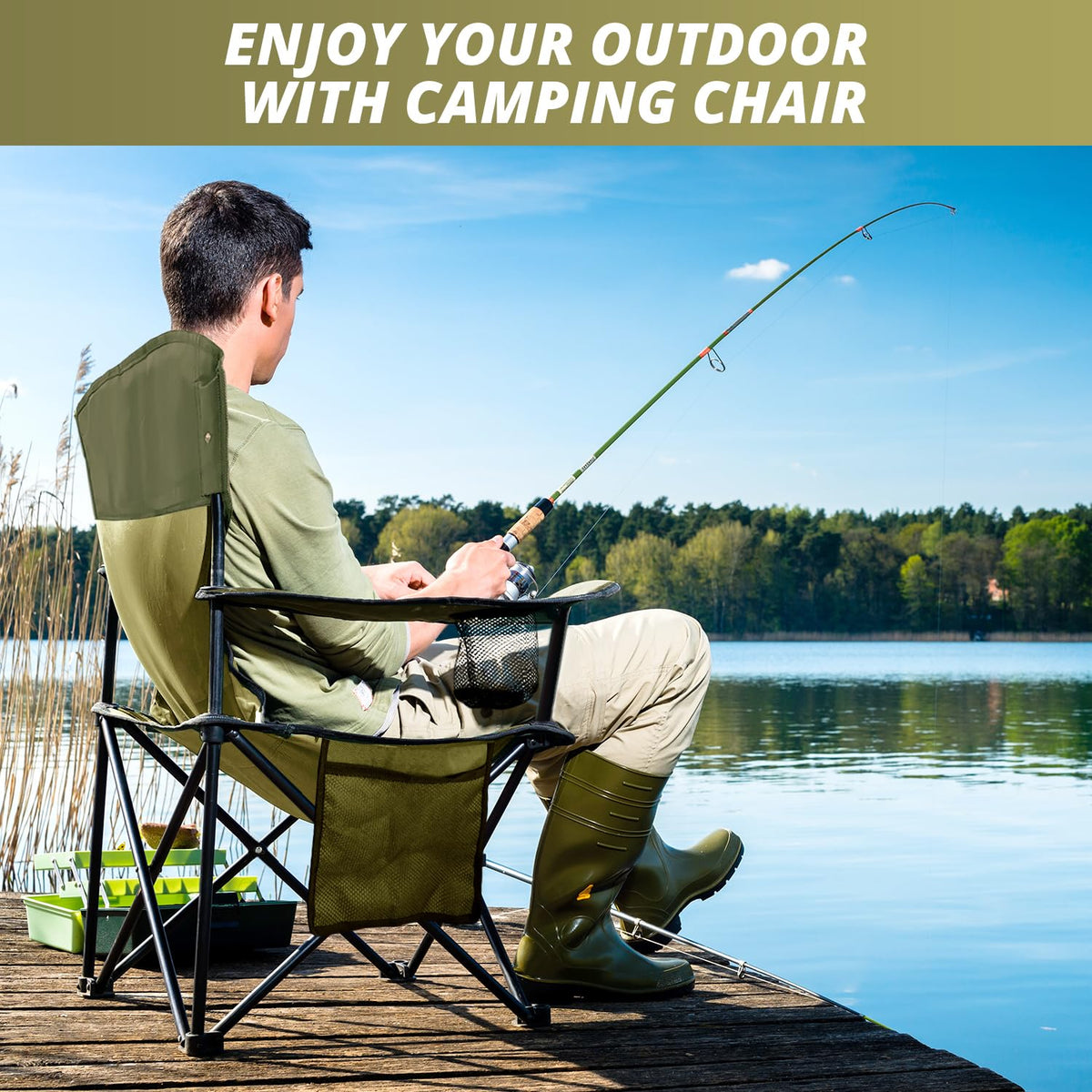 2 Pack Folding Camping Chairs with High Back, 300lbs Capacity, Green K3779