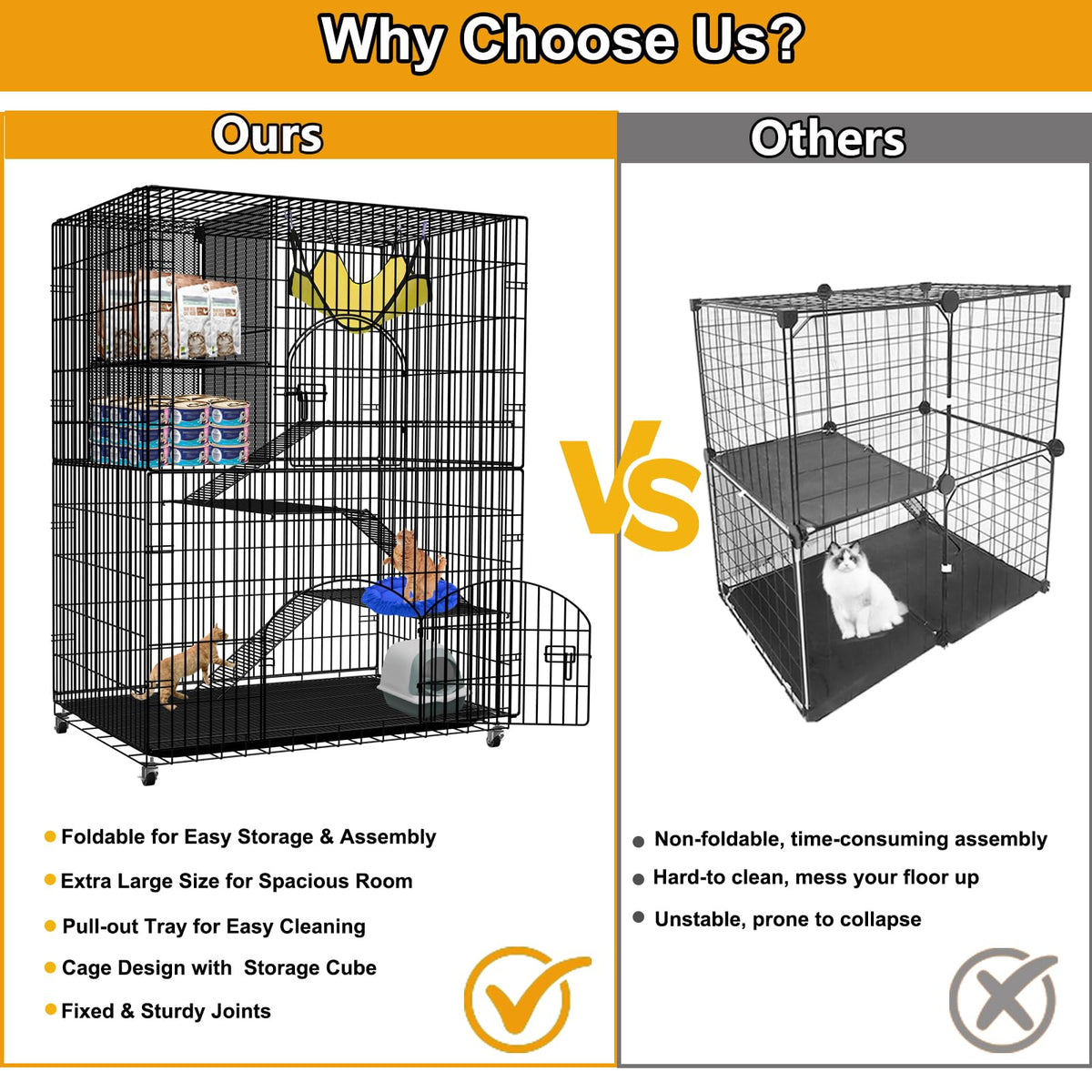 Extra Large 4-Tier Collapsible Cat Cage with Storage Cube X7673