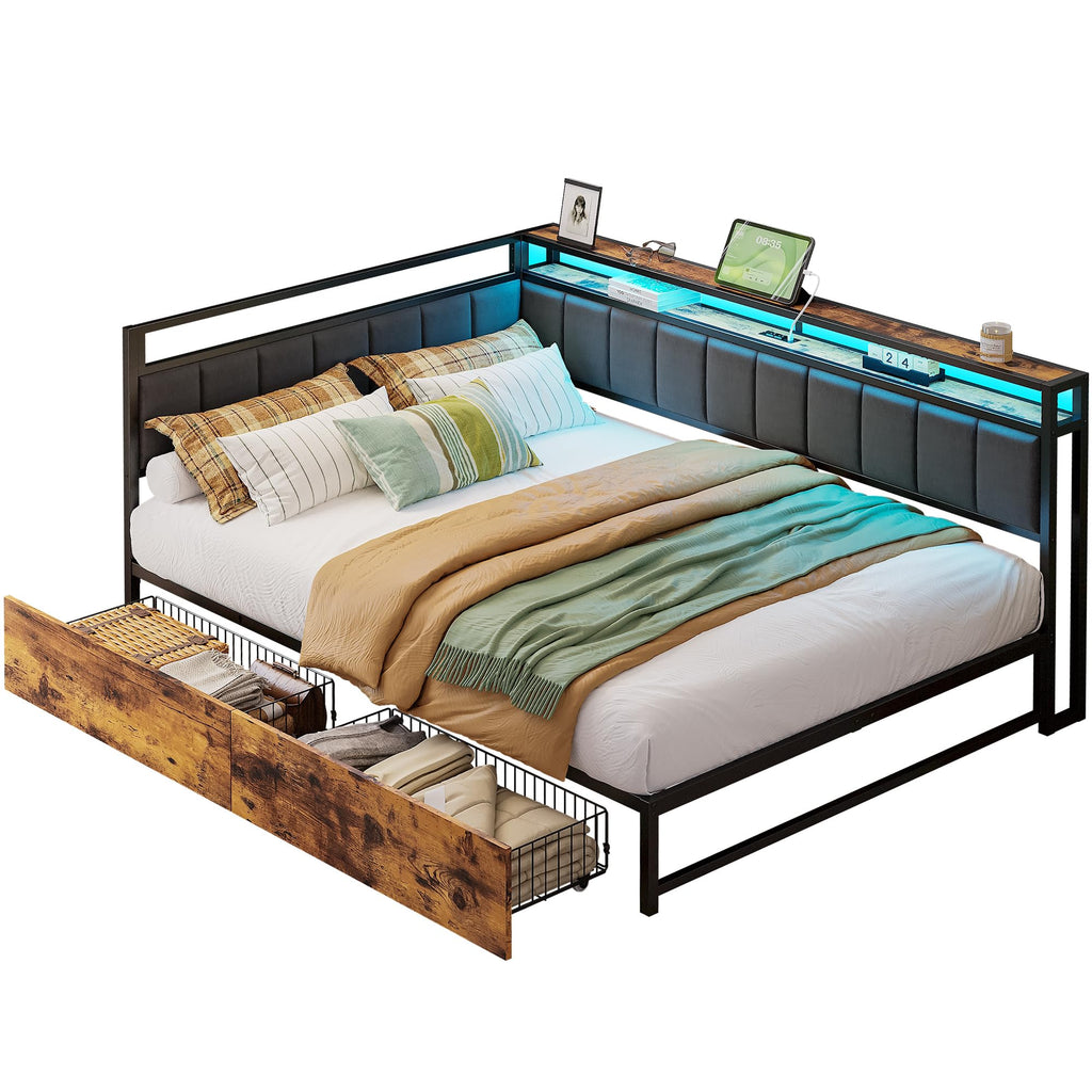 Full Corner Bed Frame with Storage Drawers, LED, Charging, Black B338757