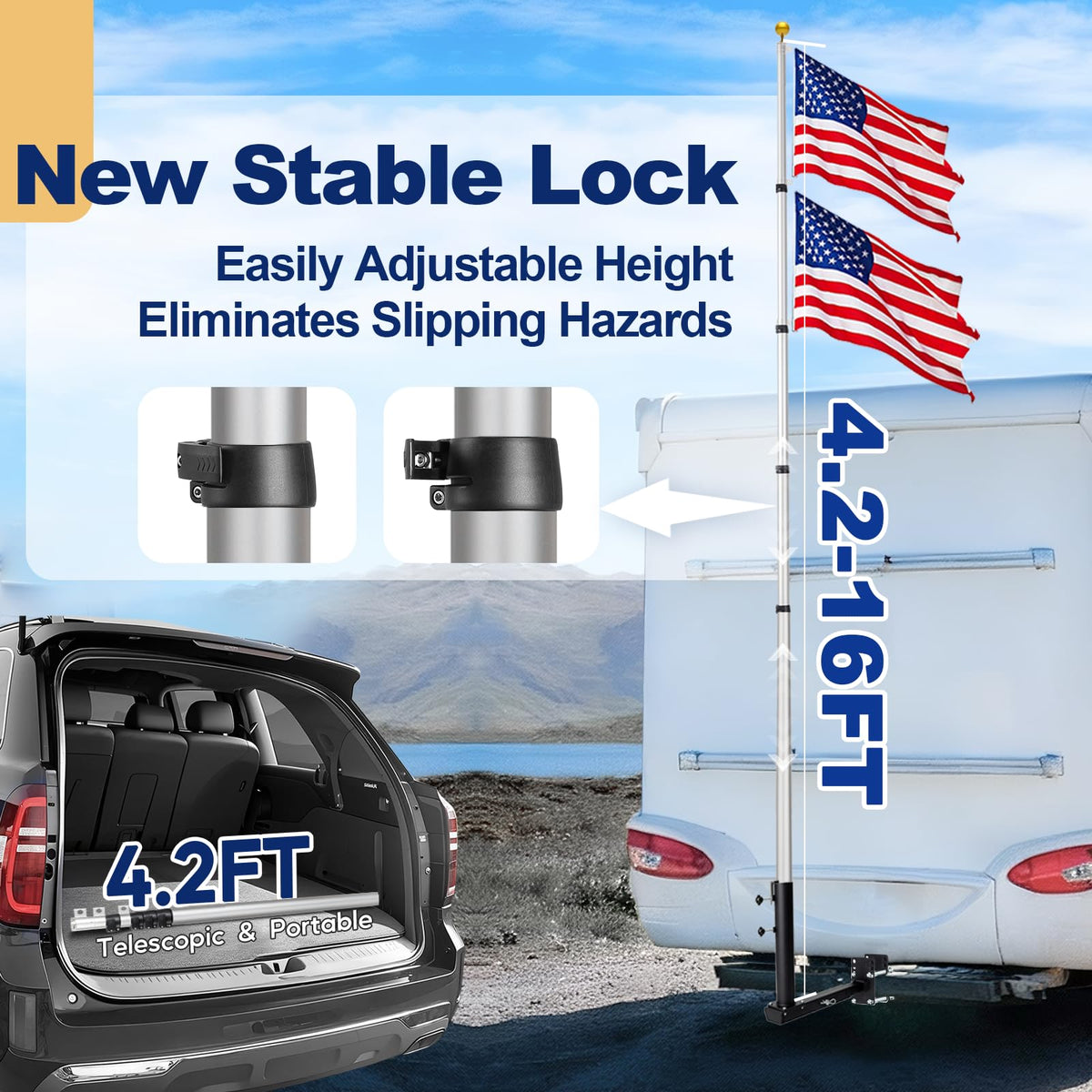 16FT Silver Thickened Aluminum RV Flagpole Z46826