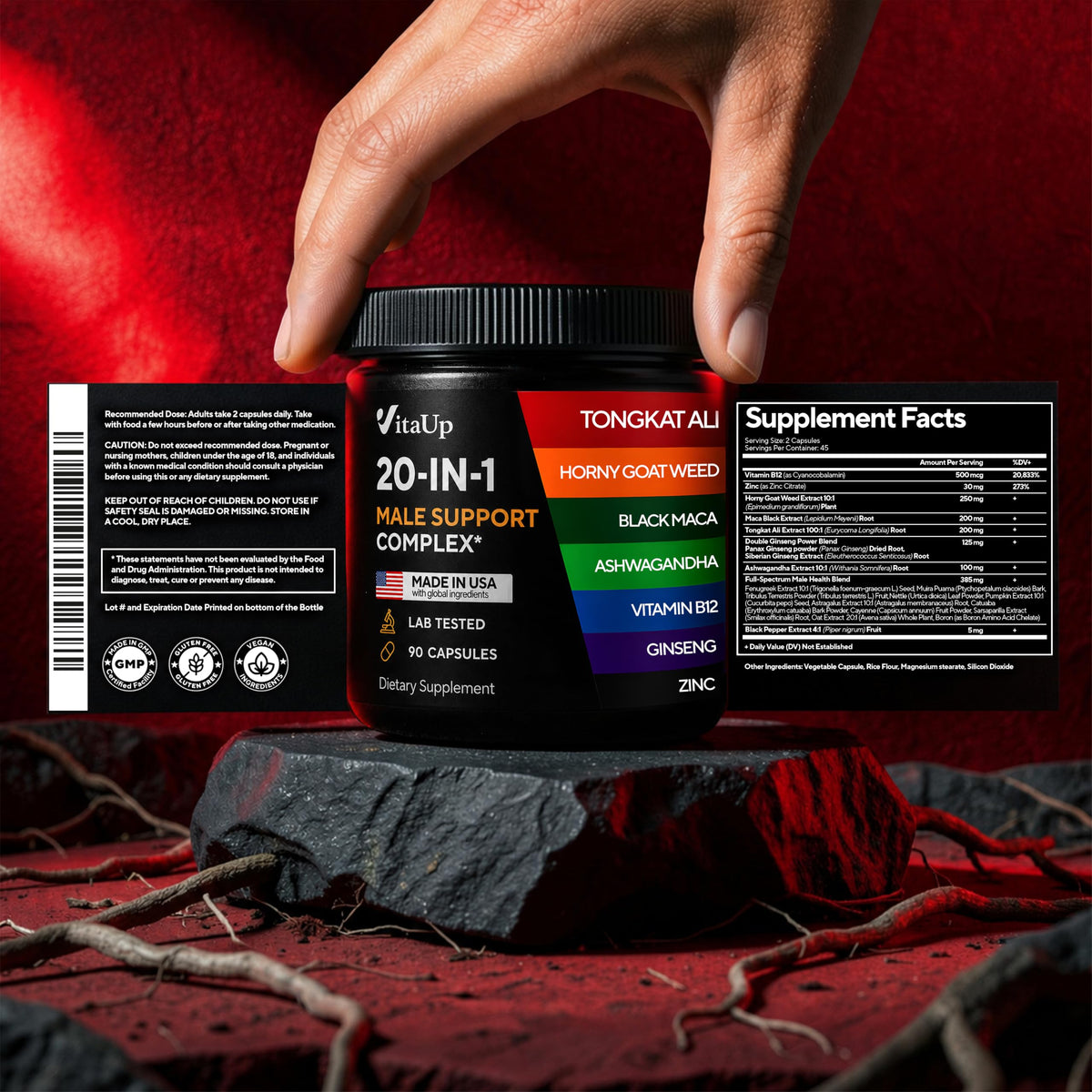 90 Vegan Caps Men Supplements with Tongkat Ali, Black Maca Root, Zinc, Vitamin B12 Z40727