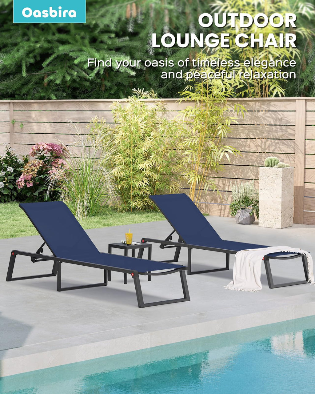 Aluminum Foldable 5-Position Chaise Lounge Chair, Navy Blue, 2 Pack C854604