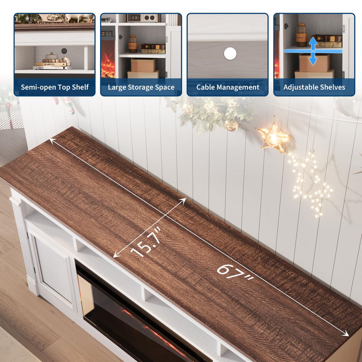 66 Inch White & Brown Two-Tone Fireplace TV Stand Q1289