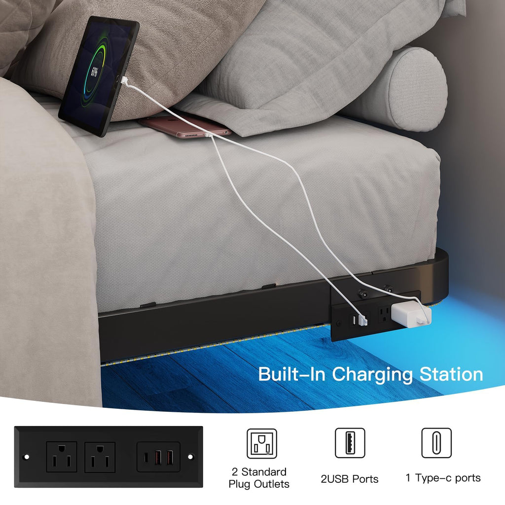 Full Size Floating Platform Bed Frame with LED Lights & Charging Station U3730