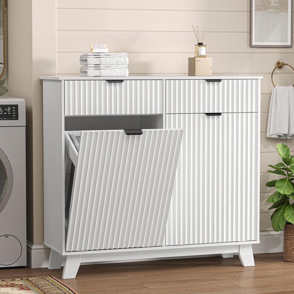White 20 Gallon Double Tilt Out Laundry Hamper Cabinet with 2 Drawers T3871