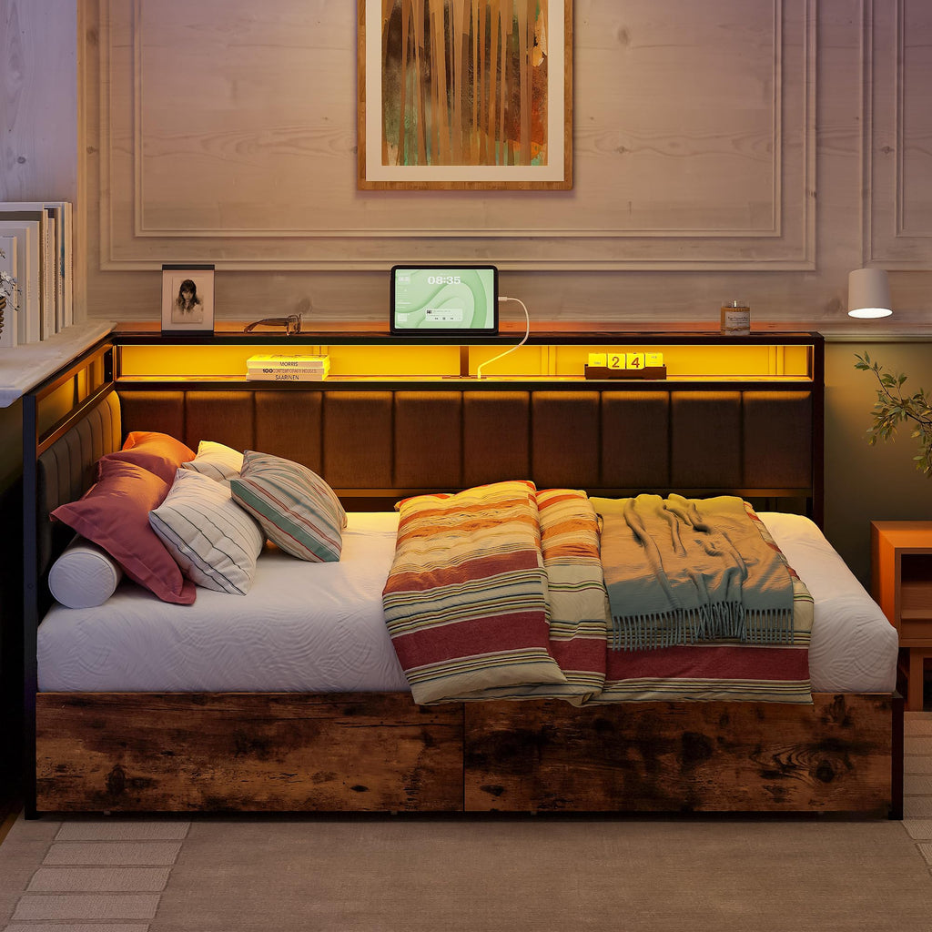Full Corner Bed Frame with Storage Drawers, LED, Charging, Black B338757