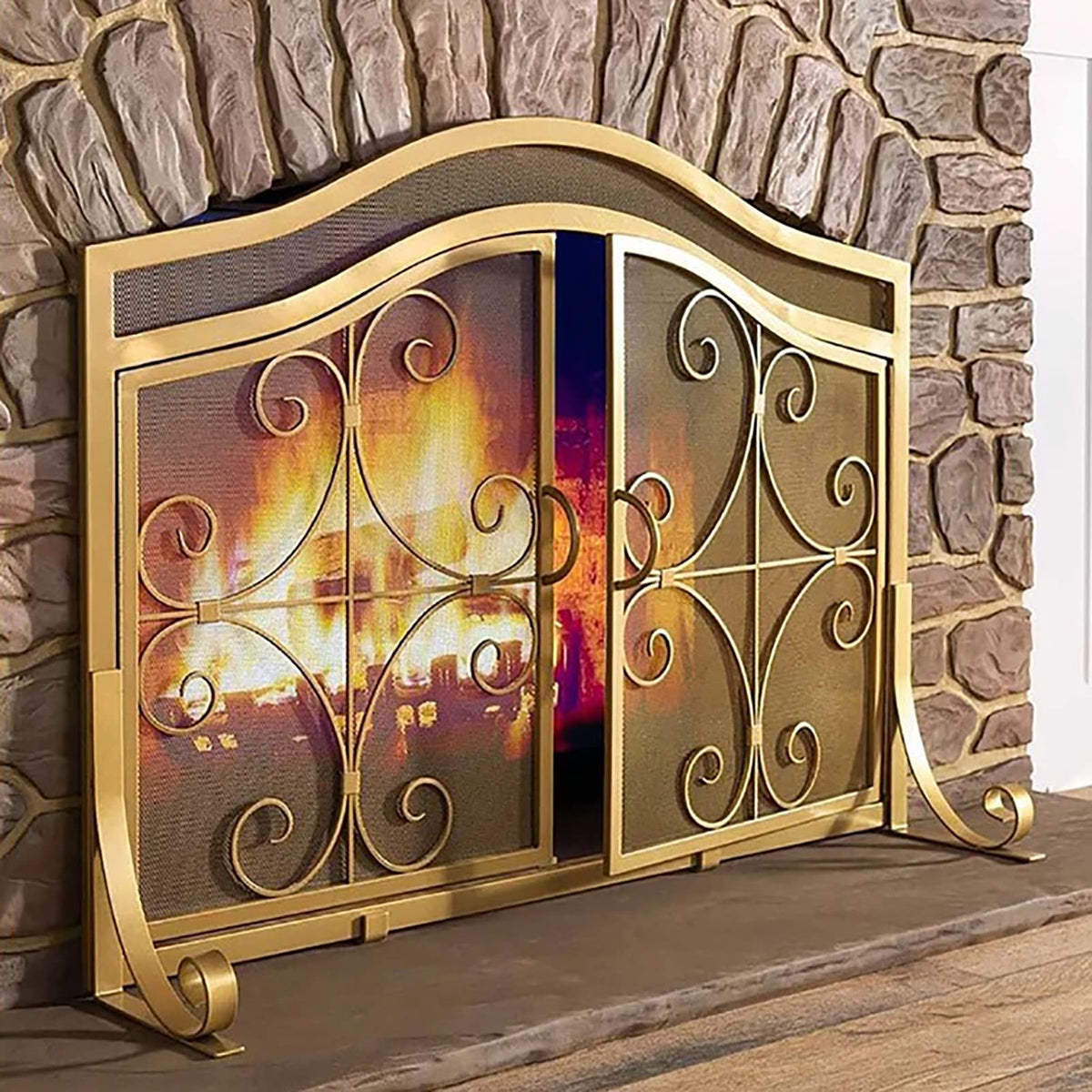 Gold Scroll Metal Fireplace Screen with 2 Doors N28741
