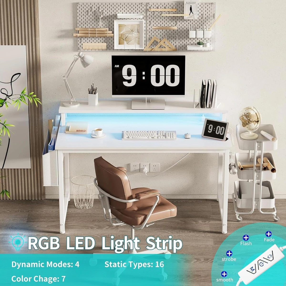 White 40 Inch Computer Desk with LED Lights and Power Outlets R1117