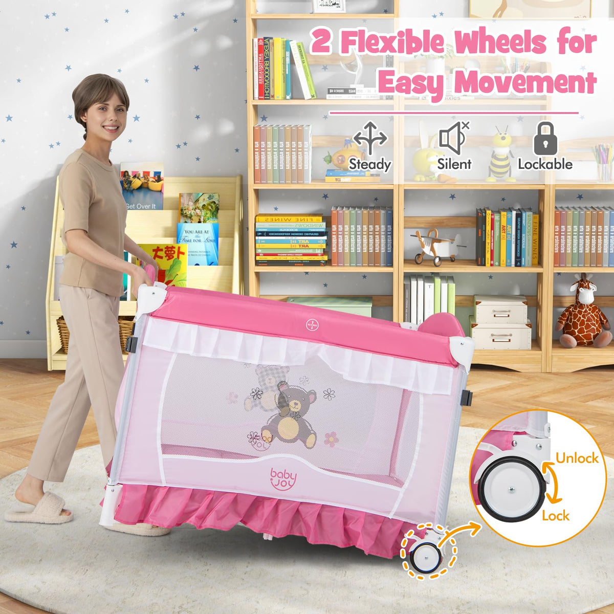 4 in 1 Pack and Play with Canopy, Portable Playard with Bassinet J977854