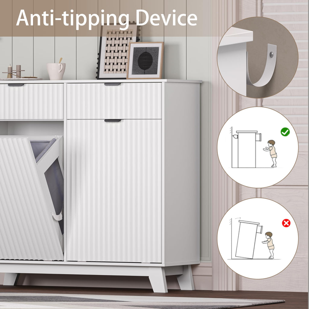 White 20 Gallon Double Tilt Out Laundry Hamper Cabinet with 2 Drawers T3871