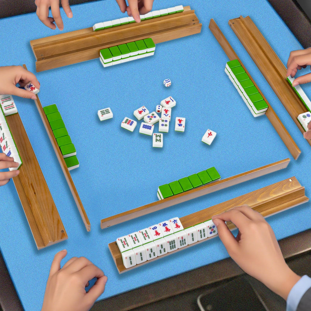 Wooden Mahjong Racks Set with Magnetic Pushers, 4 Racks & 4 Pushers O48407