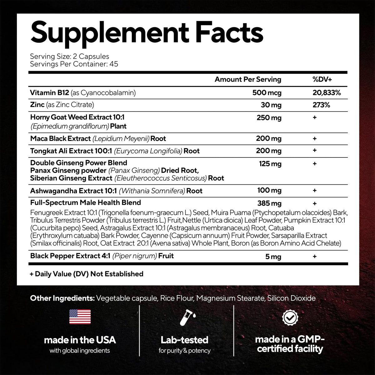 90 Vegan Caps Men Supplements with Tongkat Ali, Black Maca Root, Zinc, Vitamin B12 Z40727