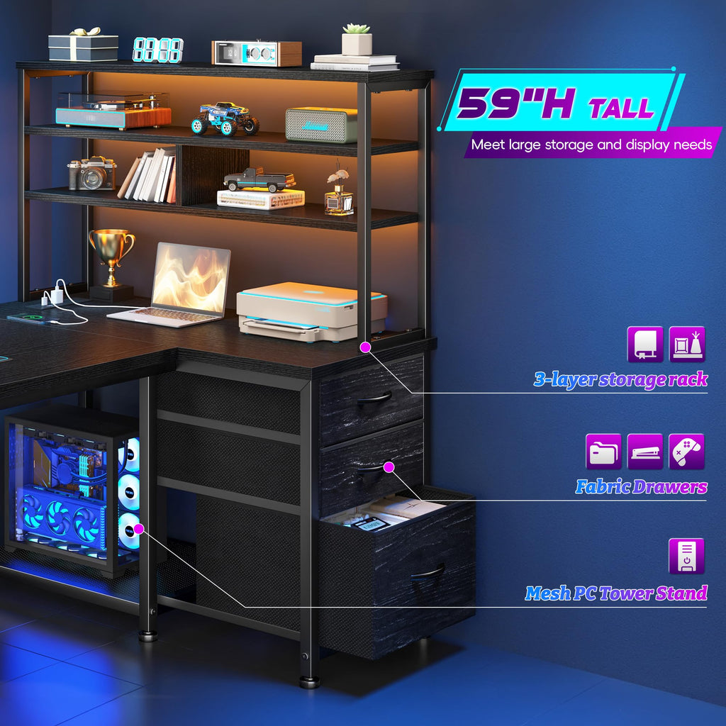 55" L Shaped Gaming Desk with 3 Fabric Drawers & Shelves J68569