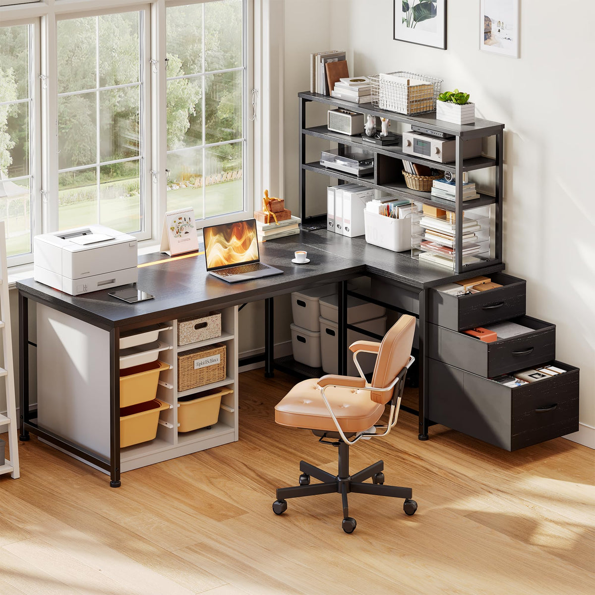 55" L Shaped Gaming Desk with 3 Fabric Drawers & Shelves J68569