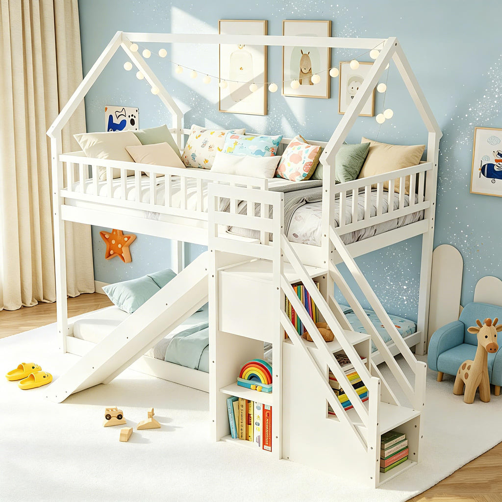 White Twin Over Twin Wood Bunk Bed with Slide and Stairs M89972