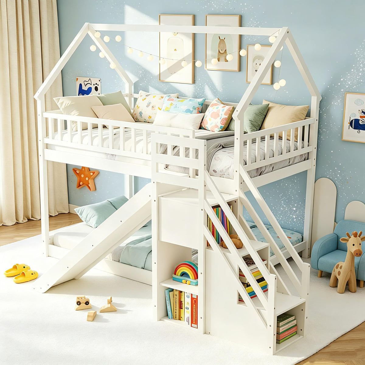 White Twin Over Twin Wood Bunk Bed with Slide and Stairs M89972