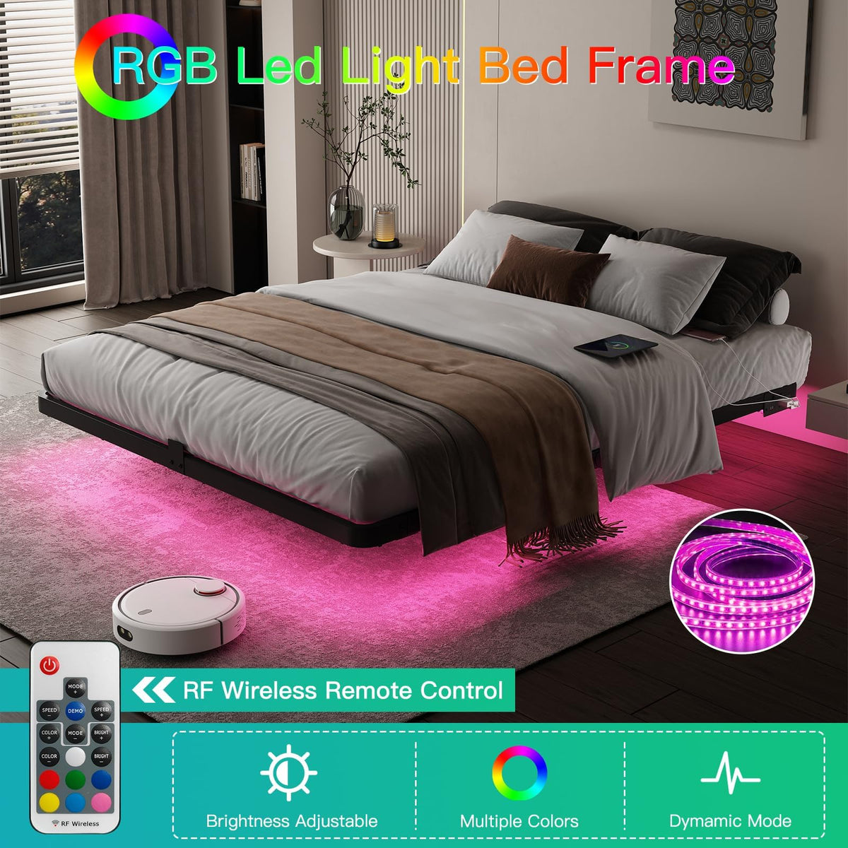Full Size Floating Platform Bed Frame with LED Lights & Charging Station U3730