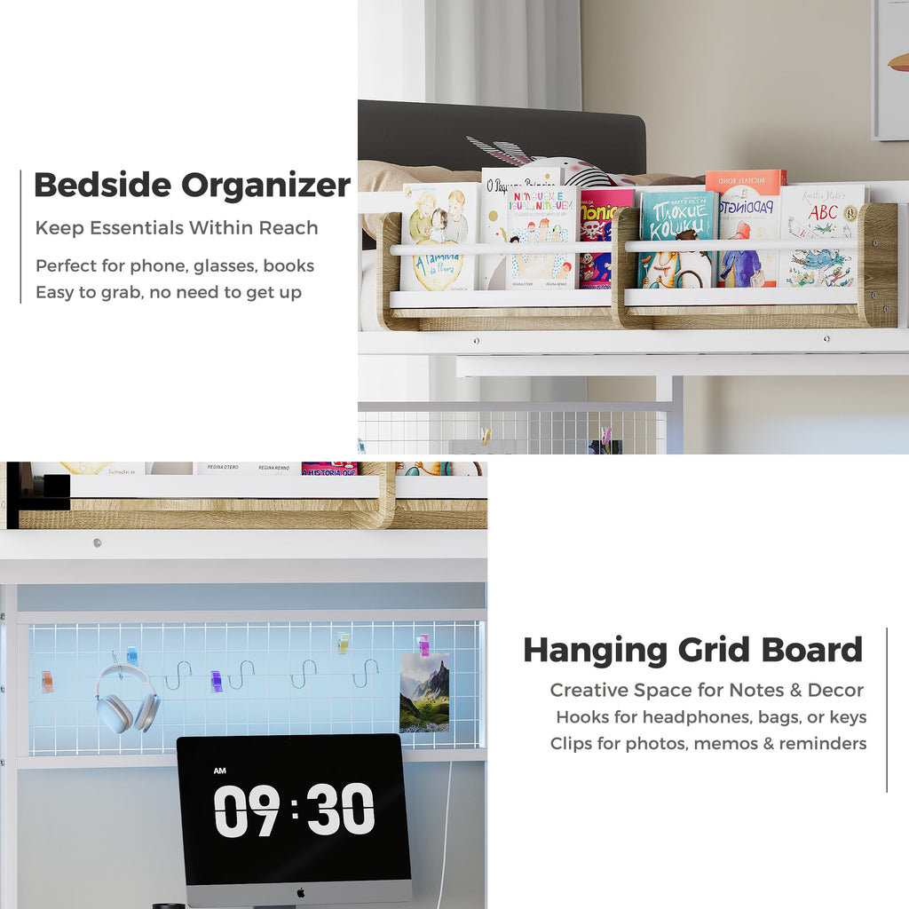 Full Over Twin L-Shaped Metal Loft Bunk Bed with Desk, Stairs, Drawers, Shelves, Charging Station and LED Light C8529