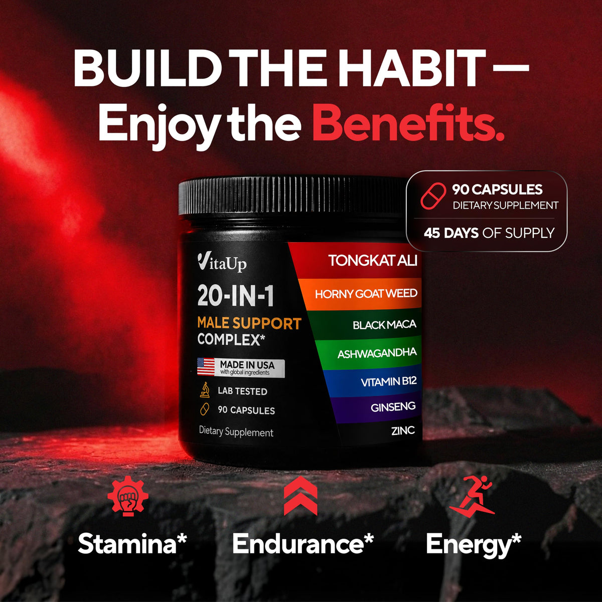 90 Vegan Caps Men Supplements with Tongkat Ali, Black Maca Root, Zinc, Vitamin B12 Z40727