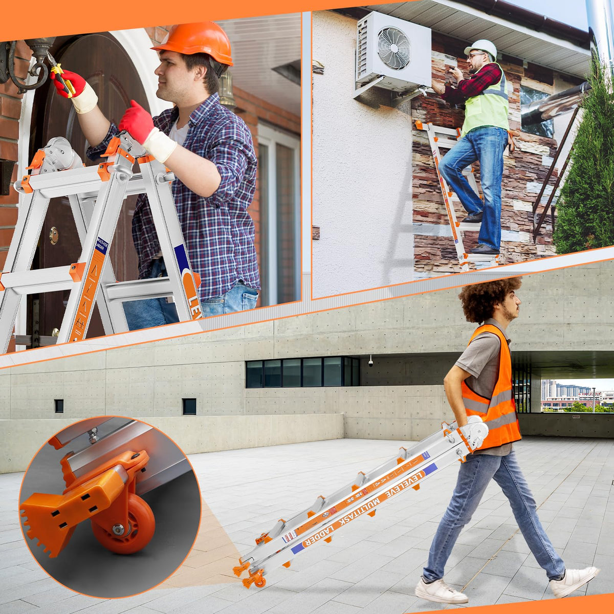 Telescoping A Frame Ladder, 17FT Multi Position Ladder with Stabilizer Bar & Wheels D28372