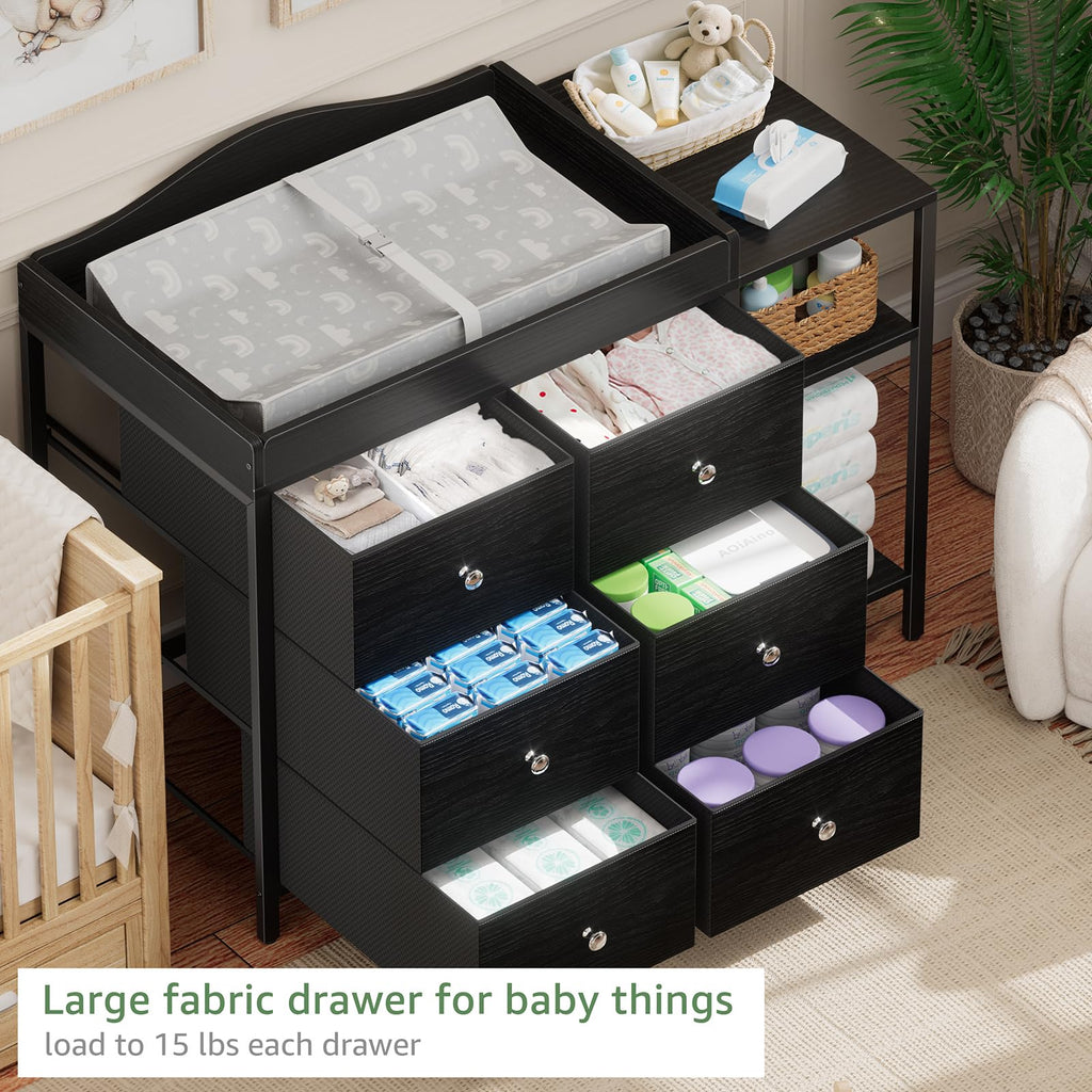 Black 6 Drawer Baby Dresser with Changing Table Top O9781