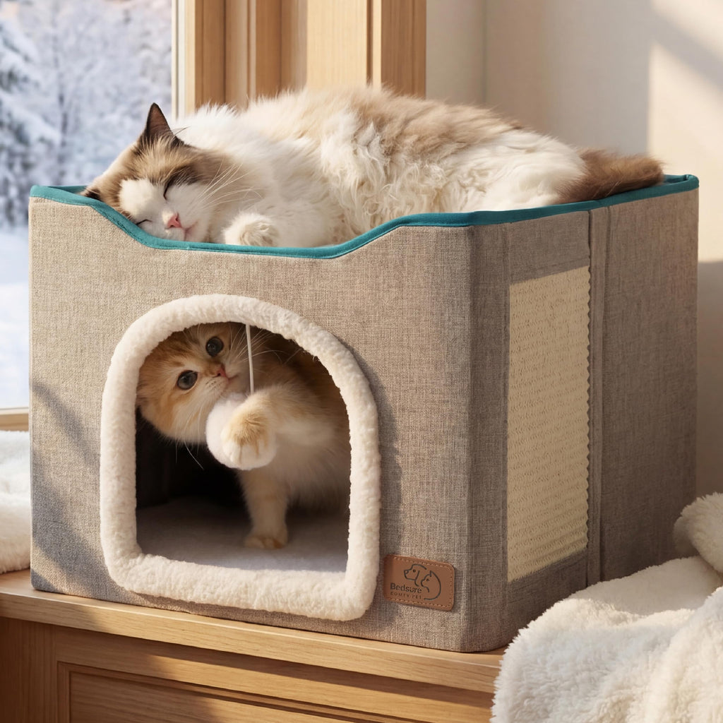 Grey Cat House Bed with Fluffy Ball and Scratch Pad J93185