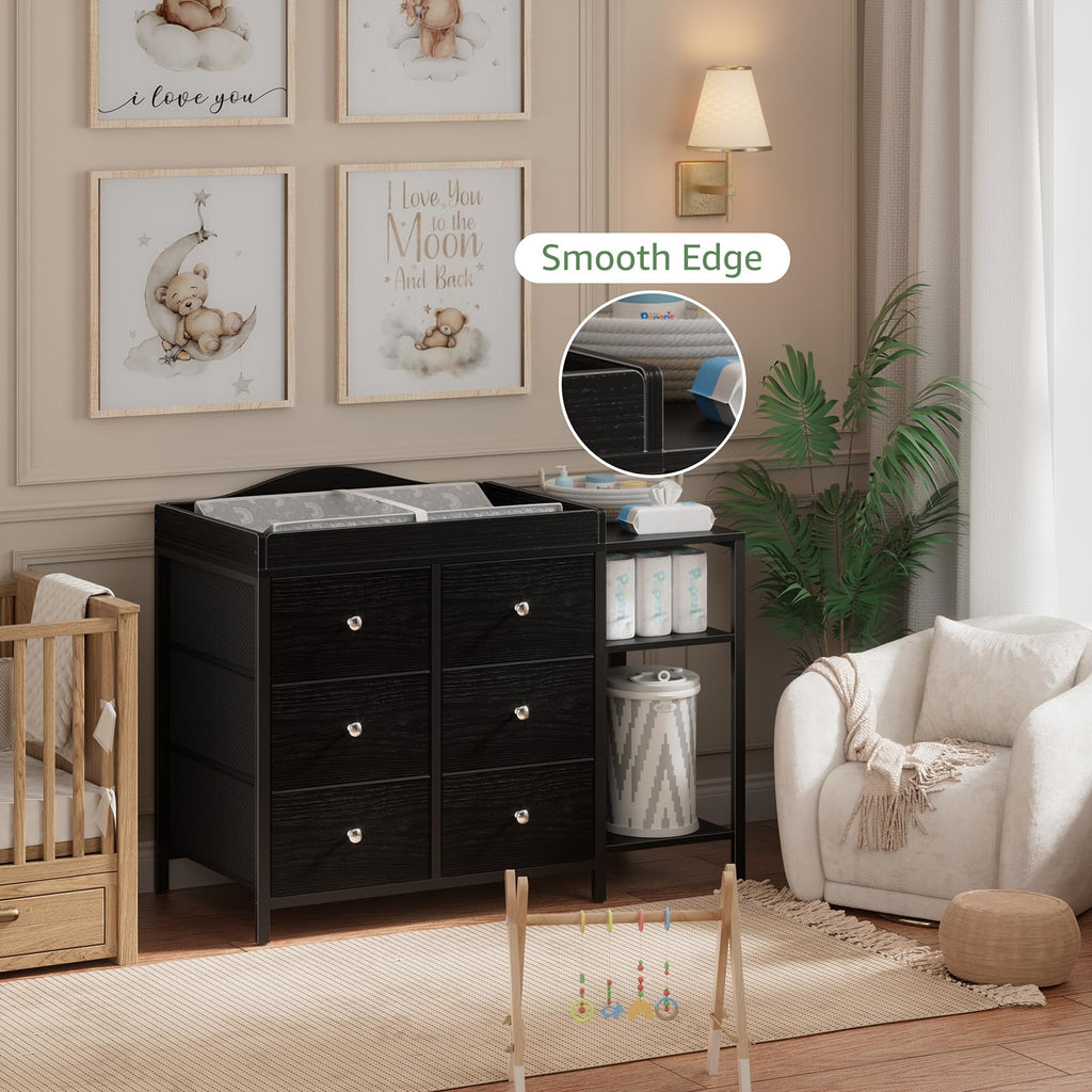 Black 6 Drawer Baby Dresser with Changing Table Top O9781
