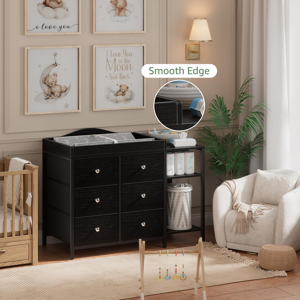 Black 6 Drawer Baby Dresser with Changing Table Top O9781