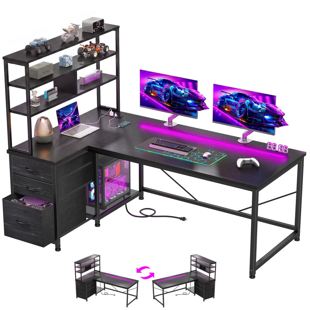55" L Shaped Gaming Desk with 3 Fabric Drawers & Shelves J68569