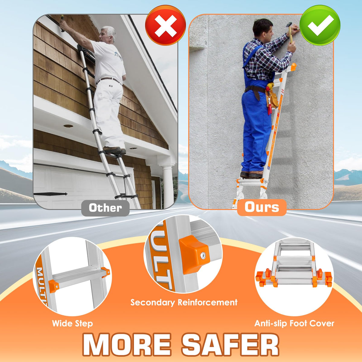 Telescoping A Frame Ladder, 17FT Multi Position Ladder with Stabilizer Bar & Wheels D28372